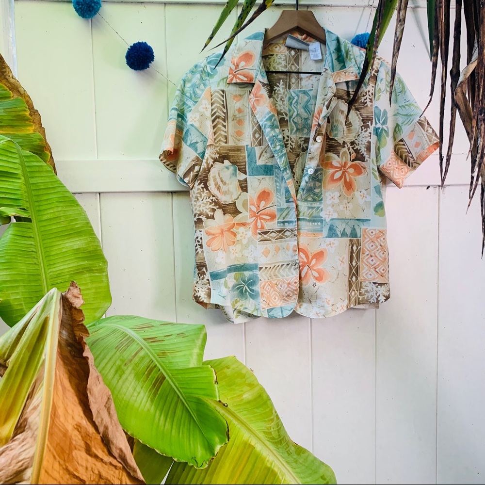 vintage vsco y2k Shell Hawaiian button up popover - Picture 2 of 10